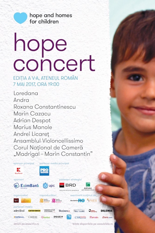 Hope Concert 2017 îi aduce în premieră pe scena Ateneului pe Loredana, Andra, Adrian Despot, Marius Manole, Roxana Constantinescu și Corul Madrigal