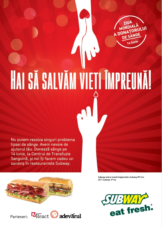 Subway® marchează Ziua Mondială a Donatorului de Sânge, prin campania națională “Hai să salvăm vieți împreună”