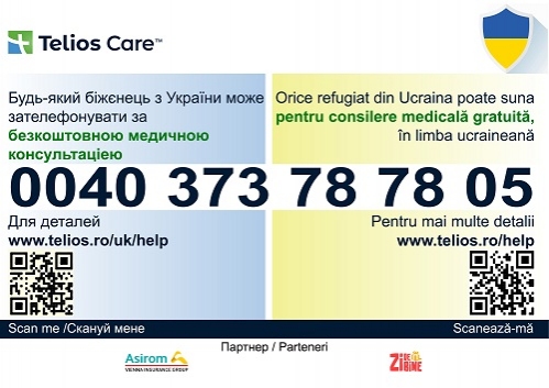 Linie telefonică gratuită pentru servicii medicale, pentru refugiații din Ucraina. Numărul de telefon 0040 373787805 este gratuit și disponibil 24/7