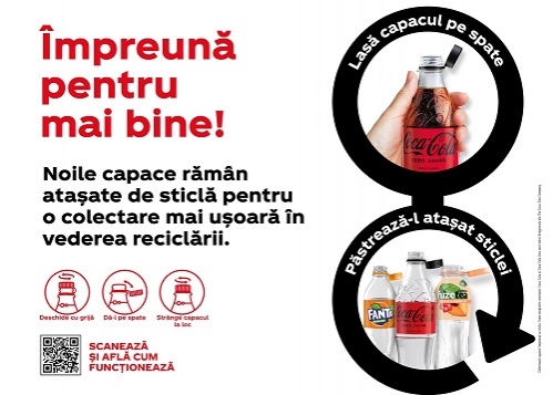Sistemul Coca-Cola România face tranziția la sticlele din plastic cu capace atașate, pentru a ușura colectarea și reciclarea acestora